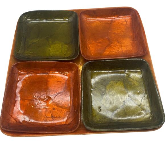 Vtg set 5 pc COLORIZED CAPIZ SHELL tray & plates.Orange,Green,Gold Mascagni look - Picture 9 of 9